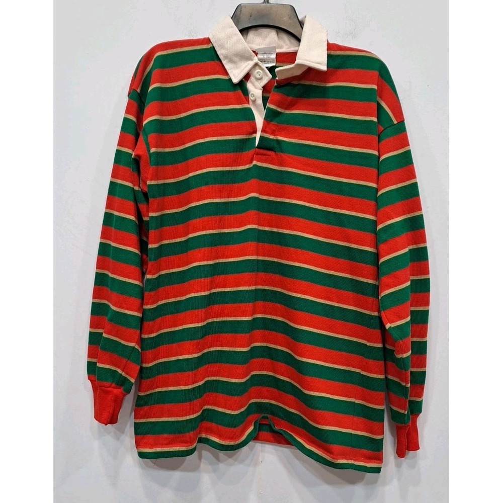 Vintage 90'sRugger Rugby Long Sleeve Red Green Polo Shirt Size L Striped Usa